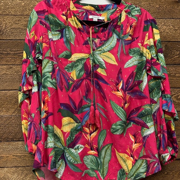 Chico’s Red Tropical Floral Tassel Blouse Size 0.5 (US 6) - Picture 3 of 9